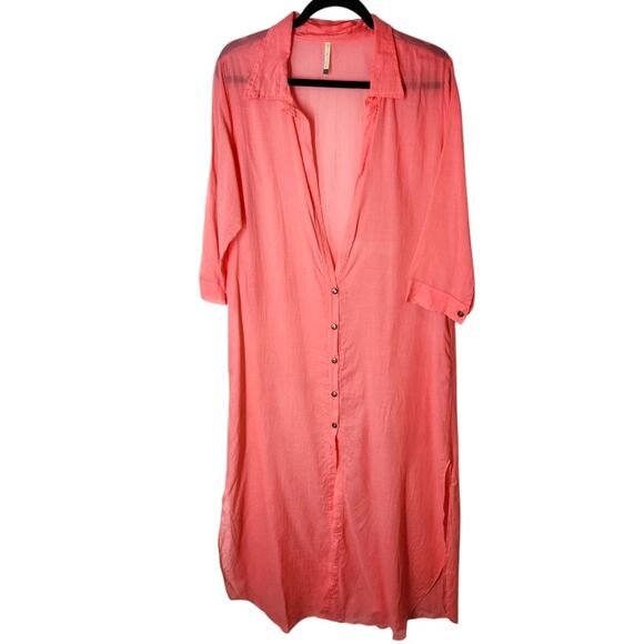 TOUCHE BALNEAIRE Coral 100% Cotton Beach Button Up Long Length Cover Up Large - Picture 1 of 8